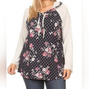 Women's Long Sleeve Floral Polka Dot Hoodie Small